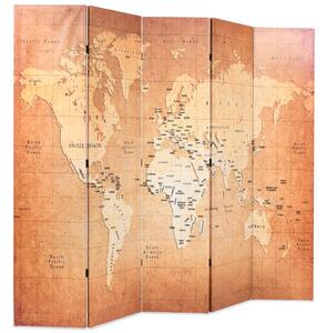 Składany parawan, 200x170 cm, mapa świata, żółty