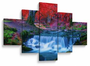 Obraz wodospadu w czerwonym lesie (125x70 cm)