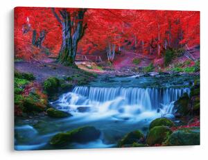 Obraz wodospadu w czerwonym lesie (70x50 cm)