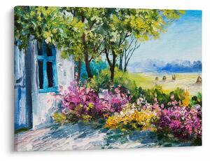 Obraz ogrodu przed domem, obraz olejny (70x50 cm)