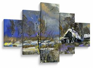 Obraz chaty w zimowym krajobrazie, obraz olejny (125x70 cm)