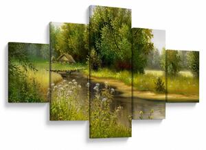 Obraz - Rzeka przy lesie, obraz olejny (125x70 cm)