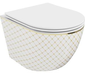 Mexen Lena miska wc Rimless z deską wolnoopadającą slim, duroplast, biała/złota wzór kratka - 30224009