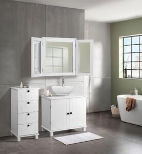Komplet białych mebli łazienkowych: lustro i szafka pod umywalkę