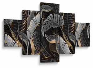 Obraz - Tropikalne liście w kolorze czarno - złotym (125x70 cm)