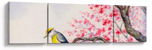 Obraz - ptak na drzewie z czerwonymi kwiatami (170x50 cm)