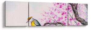 Obraz - ptak na drzewie z różowymi kwiatami (170x50 cm)