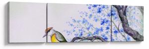 Obraz - ptak na drzewie z niebieskimi kwiatami (170x50 cm)