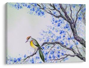 Obraz - ptak na drzewie z niebieskimi kwiatami (70x50 cm)