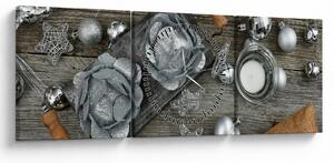 Obraz - srebrne ozdoby świąteczne (z zegarem) (90x30 cm)