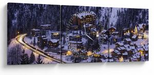 Obraz - górskie zimowe miasteczko (z zegarem) (90x30 cm)
