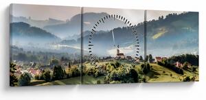 Obraz - wieś we mgle (z zegarem) (90x30 cm)