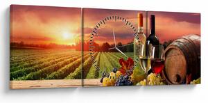 Obraz winnicy z winem (z zegarem) (90x30 cm)
