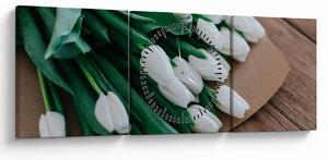 Obraz bukietu białych tulipanów (z zegarem) (90x30 cm)
