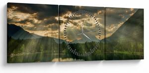 Obraz jeziora, przez które prześwieca słońce (z zegarem) (90x30 cm)
