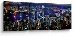 Obraz drapaczy chmur w nocy (z zegarem) (90x30 cm)