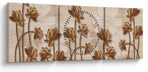 Obraz abstrakcji kwiatowej - brązowy (z zegarem) (90x30 cm)