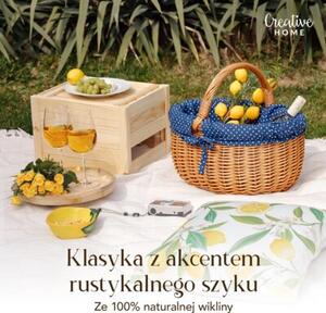 Kosz Piknikowy Wiklinowy | CREATIVE HOME | z Granatowym Obszyciem 43x32x37cm | Naturalny Brąz