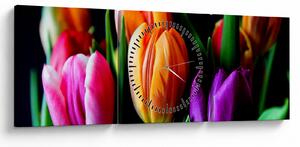 Obraz tulipanów na czarnym tle (z zegarem) (90x30 cm)