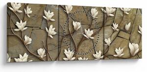 Obraz - Białe magnolie na murze kamiennym (z zegarem) (90x30 cm)