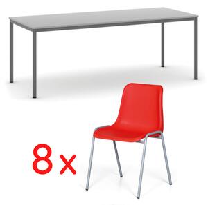 Stół do jadalni, szary 2000 x 800 + 8 krzeseł do jadalni AMADOR, czerwony
