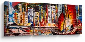 Obraz - Victoria Harbor, Hong Kong, obraz olejny (z zegarem) (90x30 cm)