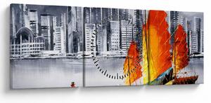 Obraz - Victoria Harbor, Hongkong, czarno-biały obraz olejny (z zegarem) (90x30 cm)