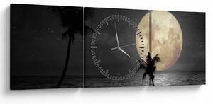 Obraz - Plaża pod pełnią księżyca w odcieniach szarości (z zegarem) (90x30 cm)