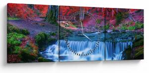 Obraz wodospadu w czerwonym lesie (z zegarem) (90x30 cm)