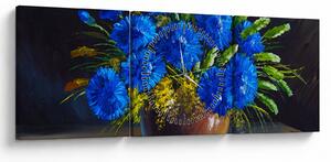 Obraz niebieskich kwiatów w wazonie (z zegarem) (90x30 cm)