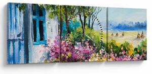 Obraz ogrodu przed domem, obraz olejny (z zegarem) (90x30 cm)