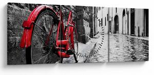 Obraz czerwonego roweru na brukowanej uliczce (z zegarem) (90x30 cm)