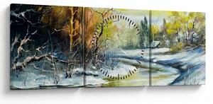 Obraz zimowej rzeki, obraz olejny (z zegarem) (90x30 cm)