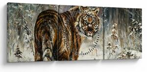 Obraz - Tygrys w zaśnieżonym lesie, obraz olejny (z zegarem) (90x30 cm)