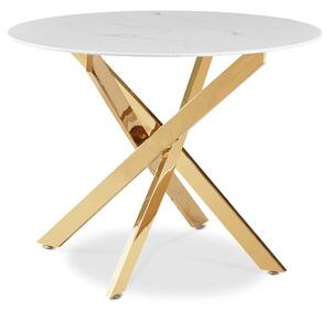 Stół Okrągły Szklany BALI 100 cm Biały Marmur/Złoty Glamour