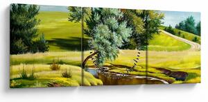 Obraz - rzeka między łąkami, obraz olejny (z zegarem) (90x30 cm)