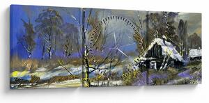 Obraz chaty w zimowym krajobrazie, obraz olejny (z zegarem) (90x30 cm)