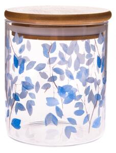 Szklany pojemnik z pokrywką bambusową Niebieskie kwiaty, 440 ml