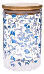 Szklany pojemnik z pokrywką bambusową Niebieskie kwiaty, 840 ml