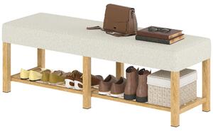 Ławka do przedpokoju, dwuosobowa, szafka na buty z litego drewna, wyściełana, imitacja lnu, kolor kremowy | 6 cm wyściółka | do 220 kg | 140 x 44 x 48 cm