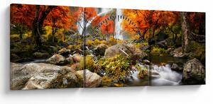 Obraz - Wodospady w pomarańczowym lesie (z zegarem) (90x30 cm)