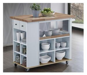 Barek kuchenny na kółkach HANNAE – 2 szuflady i 1 półka – Drewno kauczukowe – Kolor biały i dębowy