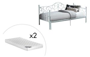 Rozkładane łóżko SEBILLE – 2 × 90 × 200 cm lub 180 × 200 cm – metal – kolor biały, w zestawie z materacem