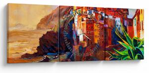 Obraz - Wieś na wybrzeżu Cinque Terre, Włoska Riviera, nowoczesny impresionism (z zegarem) (90x30 cm)