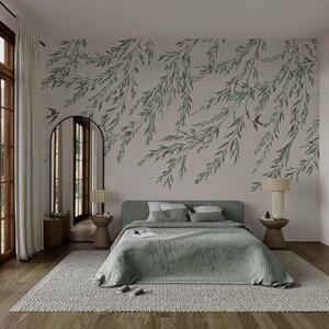 Fototapety Zielone gałęzie i ptaki na jasnym tle, Fototapety Natura, w05630 : Uwalls.pl