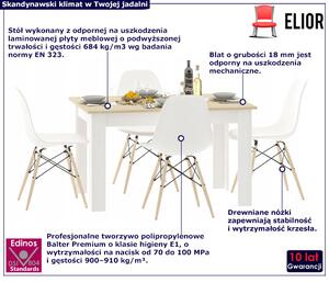 Prostokątny stół biały + dąb sonoma i 4 białe krzesła - Etos