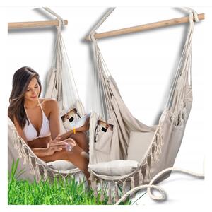 QLS Fotel wiszcy w stylu boho 130x100 cm z 2 poduszkami Fotel wiszcy do 200 kg beowy 11283