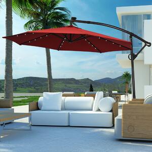 Obrotowy parasol 360° 300 cm, parasol ogrodowy uchylny z 32 lampkami i korbk, ochrona UV i stojak, parasol wspornikowy 8 eber na balkon (czerwone wino)