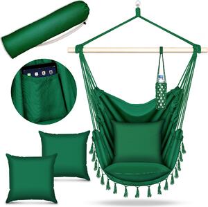 Wiszce krzeso tillvex zielone 2 poduszki do zawieszenia | wiszce krzeso z uchwytem na kubek i schowkiem na ksiki | wiszce siedzisko odporne na warunki atmosferyczne - wewntrz i na zewntrz | wiszcy kosz z torb do przenoszenia dla dorosych i dzieci