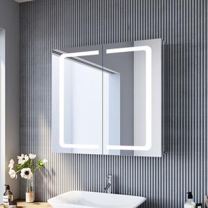 SONNI szafka z lustrem z drzwiami skrzydowymi LED ze stali nierdzewnej 70x65x13 cm z przecznikiem i gniazdem golarki